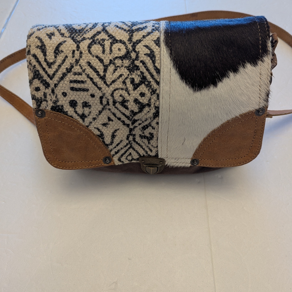 Stylish Black and Brown Crossbody Bag with Geometric and Animal Prints